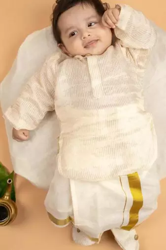 Cream tissue plain thamburan kutti kurta with mundu for boys