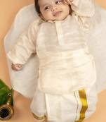 Cream tissue plain thamburan kutti kurta with mundu for boys