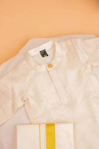 Cream tissue plain thamburan kutti kurta with mundu for boys