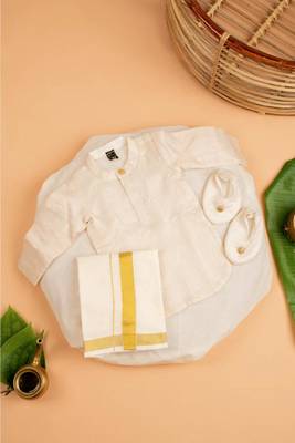 Cream tissue plain thamburan kutti kurta with mundu for boys 4