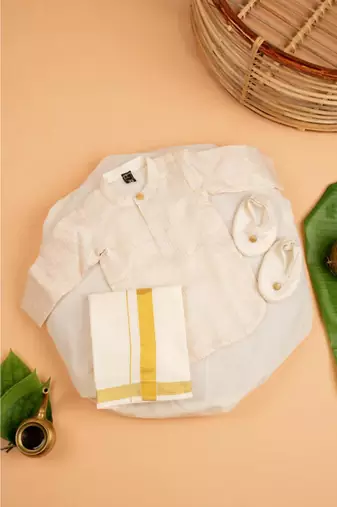 Cream tissue plain thamburan kutti kurta with mundu for boys