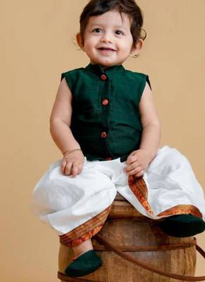 Green handloom cotton shantoon plain emerald set kurta with dhoti for boys 1