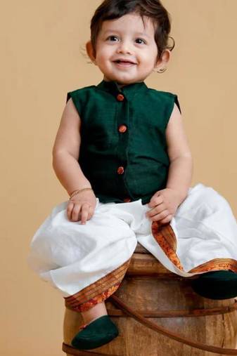 Green handloom cotton shantoon plain emerald set kurta with dhoti for boys