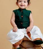 Green handloom cotton shantoon plain emerald set kurta with dhoti for boys