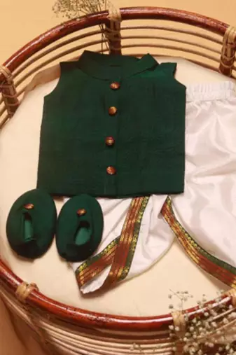 Green handloom cotton shantoon plain emerald set kurta with dhoti for boys