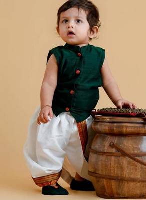 Green handloom cotton shantoon plain emerald set kurta with dhoti for boys 4