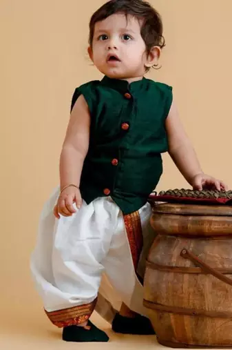 Green handloom cotton shantoon plain emerald set kurta with dhoti for boys