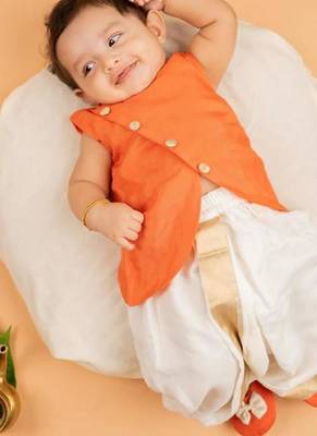 Orange upda silk plain kurta with dhoti for boys 1