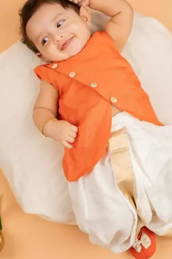 Orange upda silk plain kurta with dhoti for boys