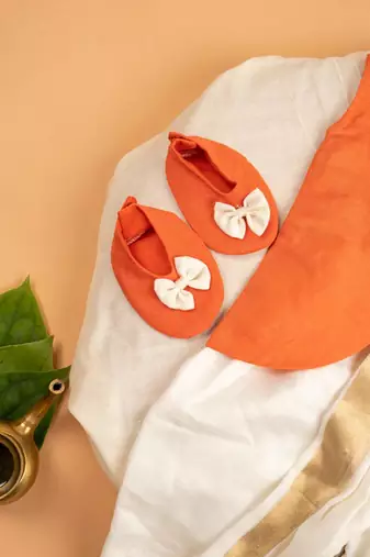 Orange upda silk plain kurta with dhoti for boys