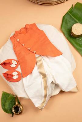 Orange upda silk plain kurta with dhoti for boys 3