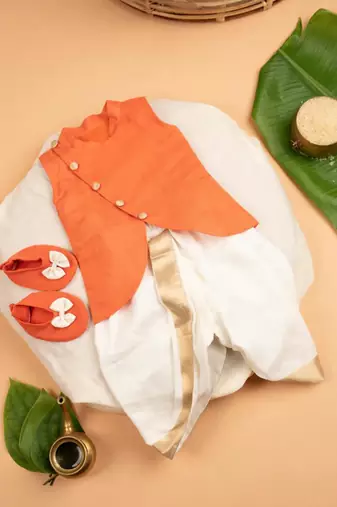 Orange upda silk plain kurta with dhoti for boys
