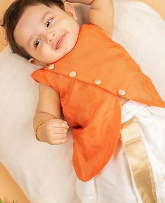 Orange upda silk plain kurta with dhoti for boys 4