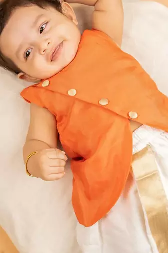 Orange upda silk plain kurta with dhoti for boys