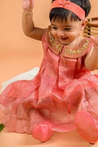 Orange tissue embroidered gulal frock for girls