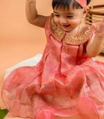Orange tissue embroidered gulal frock for girls