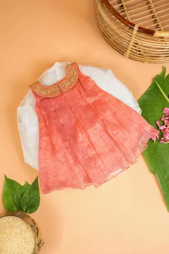 Orange tissue embroidered gulal frock for girls