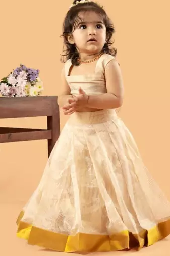 Beige tissue printed ruhani frock for girls