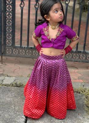 Violet brocade embroidered arati set crop top & skirt for girls 1