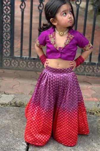 Violet brocade embroidered arati set crop top & skirt for girls