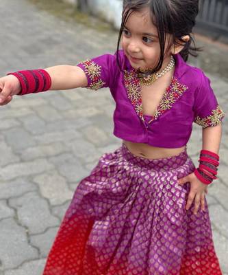 Violet brocade embroidered arati set crop top & skirt for girls 2