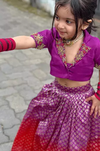 Violet brocade embroidered arati set crop top & skirt for girls