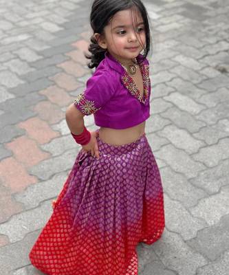 Violet brocade embroidered arati set crop top & skirt for girls 3