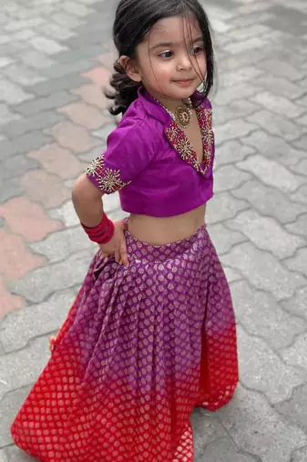 Violet brocade embroidered arati set crop top & skirt for girls