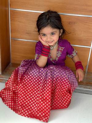 Violet brocade embroidered arati set crop top & skirt for girls 4