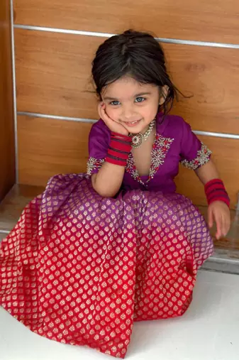 Violet brocade embroidered arati set crop top & skirt for girls