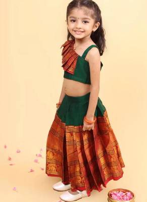 Green cotton printed green frill and flair one-shoulder crop top & skirt for girls 1