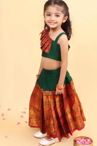 Green cotton printed green frill and flair one-shoulder crop top & skirt for girls