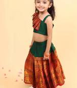 Green cotton printed green frill and flair one-shoulder crop top & skirt for girls