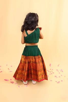 Green cotton printed green frill and flair one-shoulder crop top & skirt for girls 3