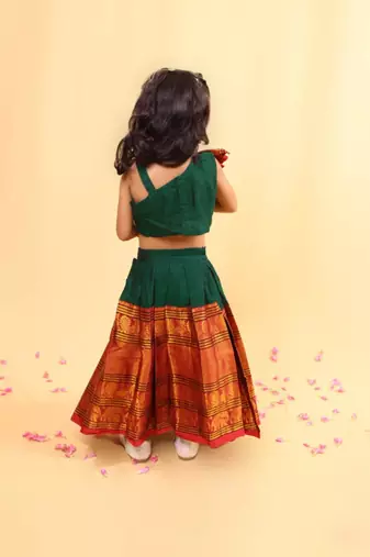 Green cotton printed green frill and flair one-shoulder crop top & skirt for girls