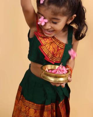 Green cotton printed green frill and flair one-shoulder crop top & skirt for girls 4