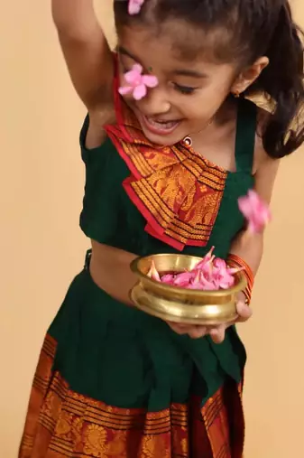 Green cotton printed green frill and flair one-shoulder crop top & skirt for girls