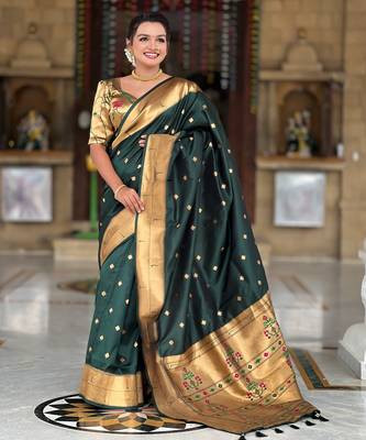 Green silk blend saree with paithani rich weaved pallu and blouse 1