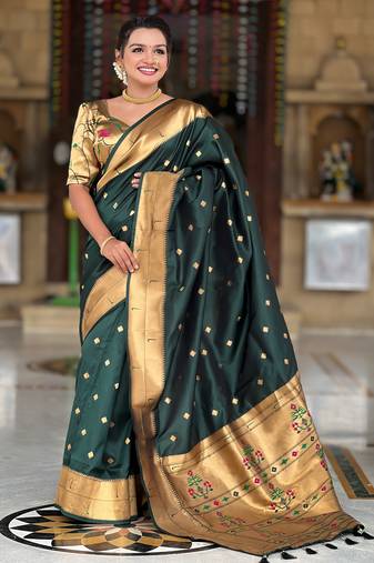 Green  silk blend saree with paithani rich weaved pallu and blouse
