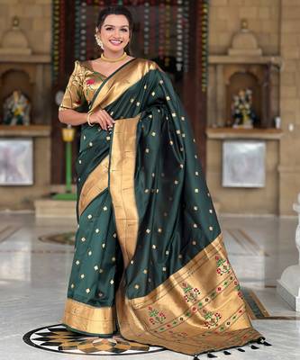 Green silk blend saree with paithani rich weaved pallu and blouse 2
