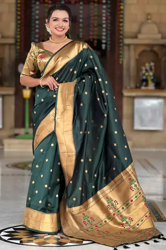 Green silk blend saree with paithani rich weaved pallu and blouse