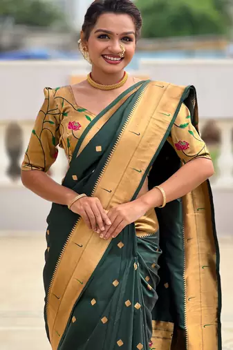 Green silk blend saree with paithani rich weaved pallu and blouse