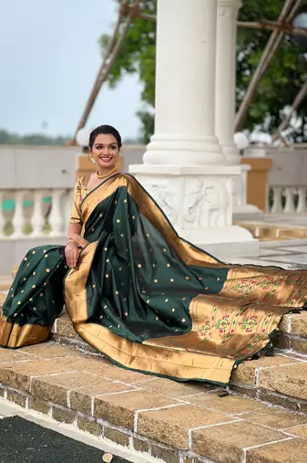 Green silk blend saree with paithani rich weaved pallu and blouse