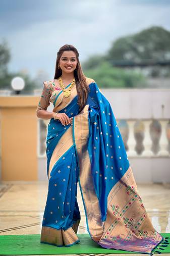 Sky blue silk blend saree with paithani rich weaved pallu and blouse