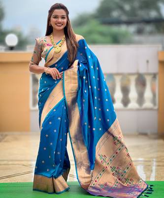 Sky blue silk blend saree with paithani rich weaved pallu and blouse 1