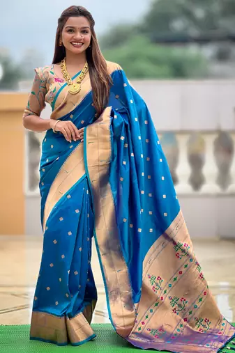Sky blue silk blend saree with paithani rich weaved pallu and blouse