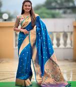 Sky blue silk blend saree with paithani rich weaved pallu and blouse
