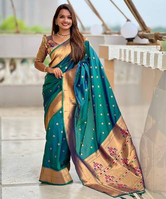 Rama silk blend saree with paithani rich weaved pallu and blouse 5
