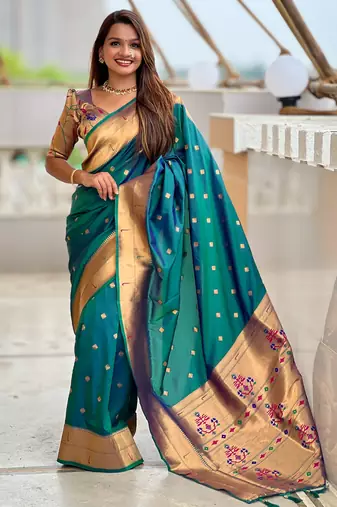 Rama silk blend saree with paithani rich weaved pallu and blouse