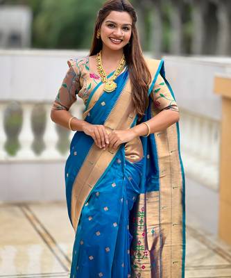 Sky blue silk blend saree with paithani rich weaved pallu and blouse 4